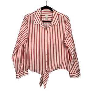 Chicos Red White Vacation Stripe Button Down Tie Front Cotton No‎ Iron 2 Large